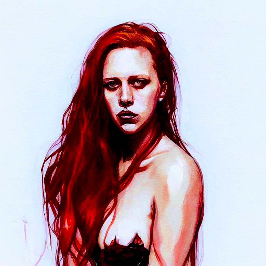 AI-generated portrait of a red-haired woman looking over her shoulder, the starting image for Openness