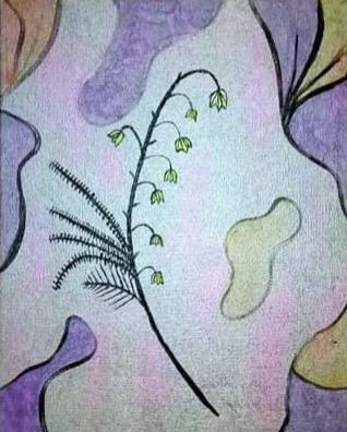 Lily of the valley flowers and stems over a flowing purple and cream background
