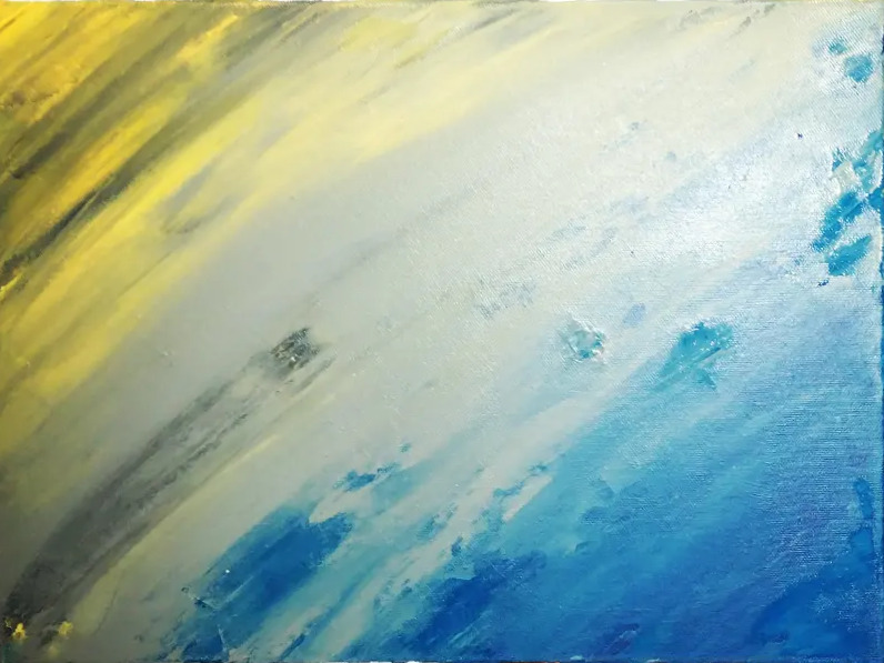Blue, white, gray and yellow diagonal brush marks on canvas