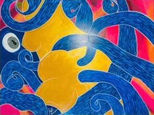 Blue curling forms over yellow, red and green