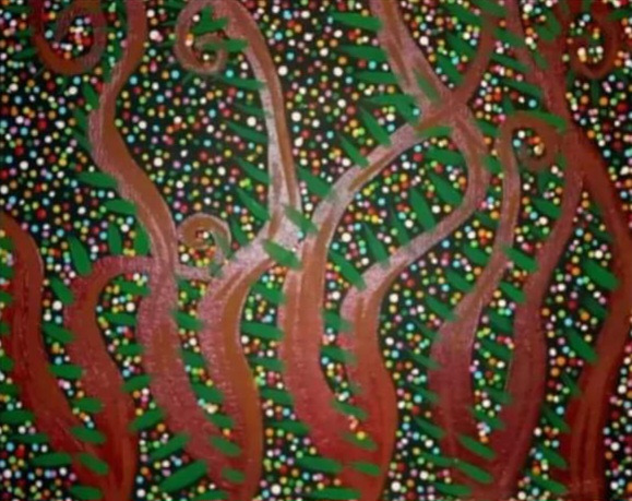 Twisting brown branches with colorful dots over a green background