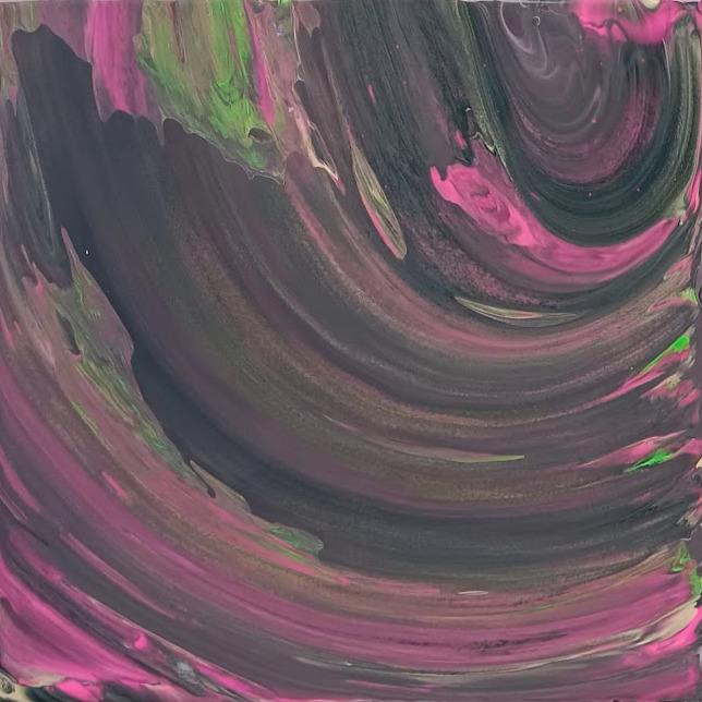 Charcoal, pink and green curved paint flows on a square canvas