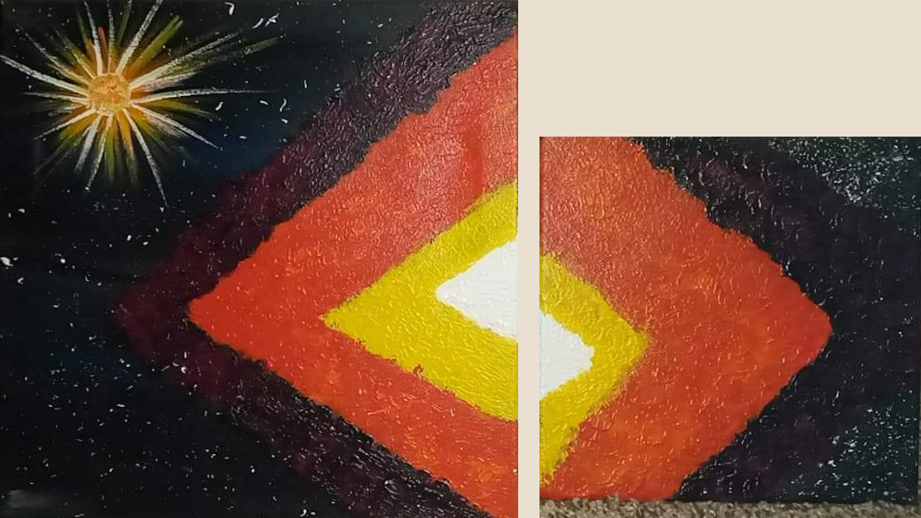 Two black, red, orange and yellow chevron panels, with a starburst on the larger canvas