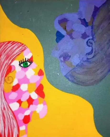 Two colorful profiles facing one another over yellow and green
