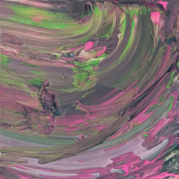 Green and pink flowing marks on a charcoal square canvas