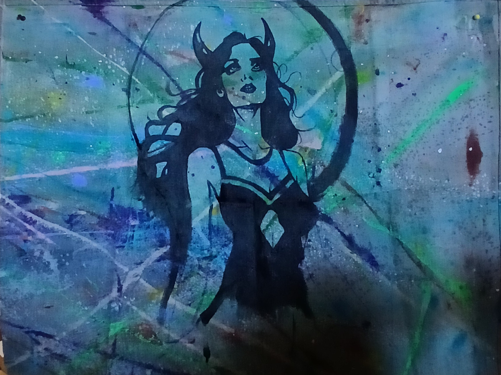 A horned woman in black over a blue and green painted background