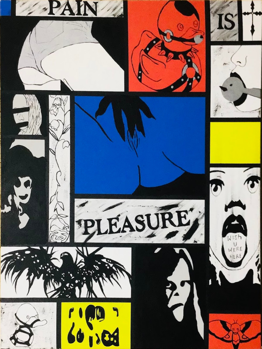 A graphic collage with black and white figures, primary colors and the words Pain Is Pleasure