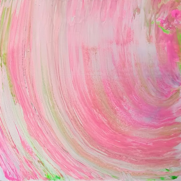 Pale pink, white and green curved paint flows on a square canvas