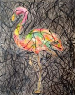 A pastel flamingo over a dense network of black lines