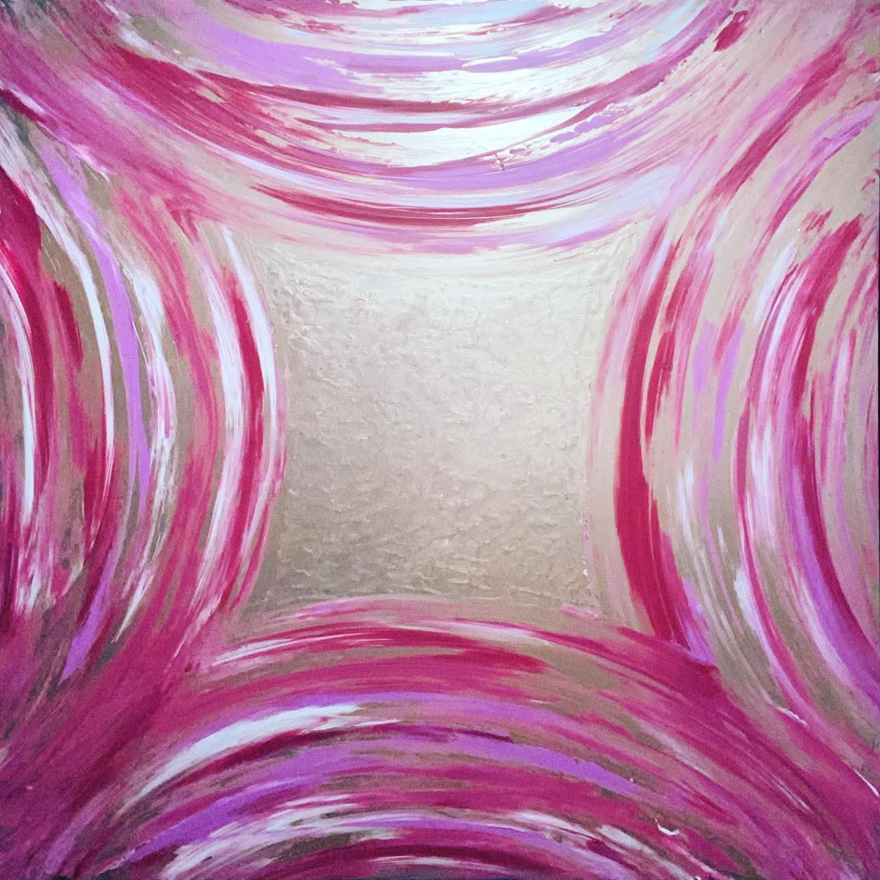 Pink and white sweeping brush marks surrounding a pale metallic center
