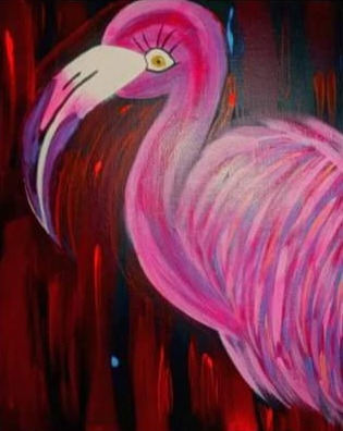 A pink flamingo against vertical red and black marks
