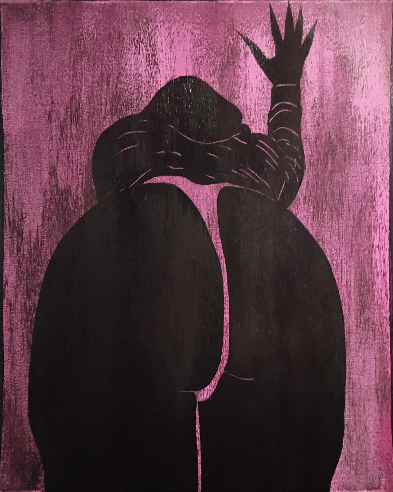 A black seated figure with a raised hand on a pink canvas