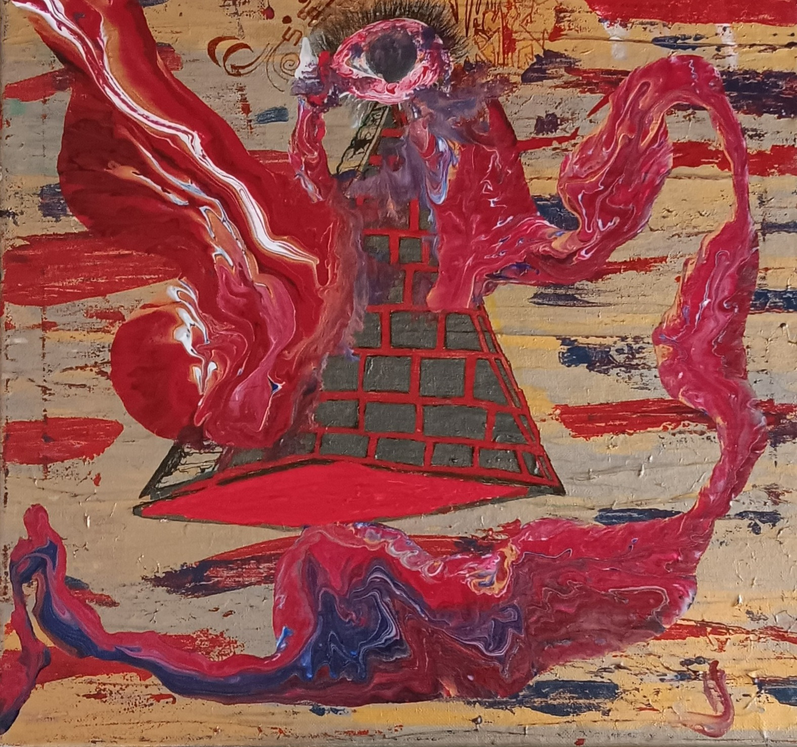 Flowing red and purple forms around a brick-like triangular shape over a gold background