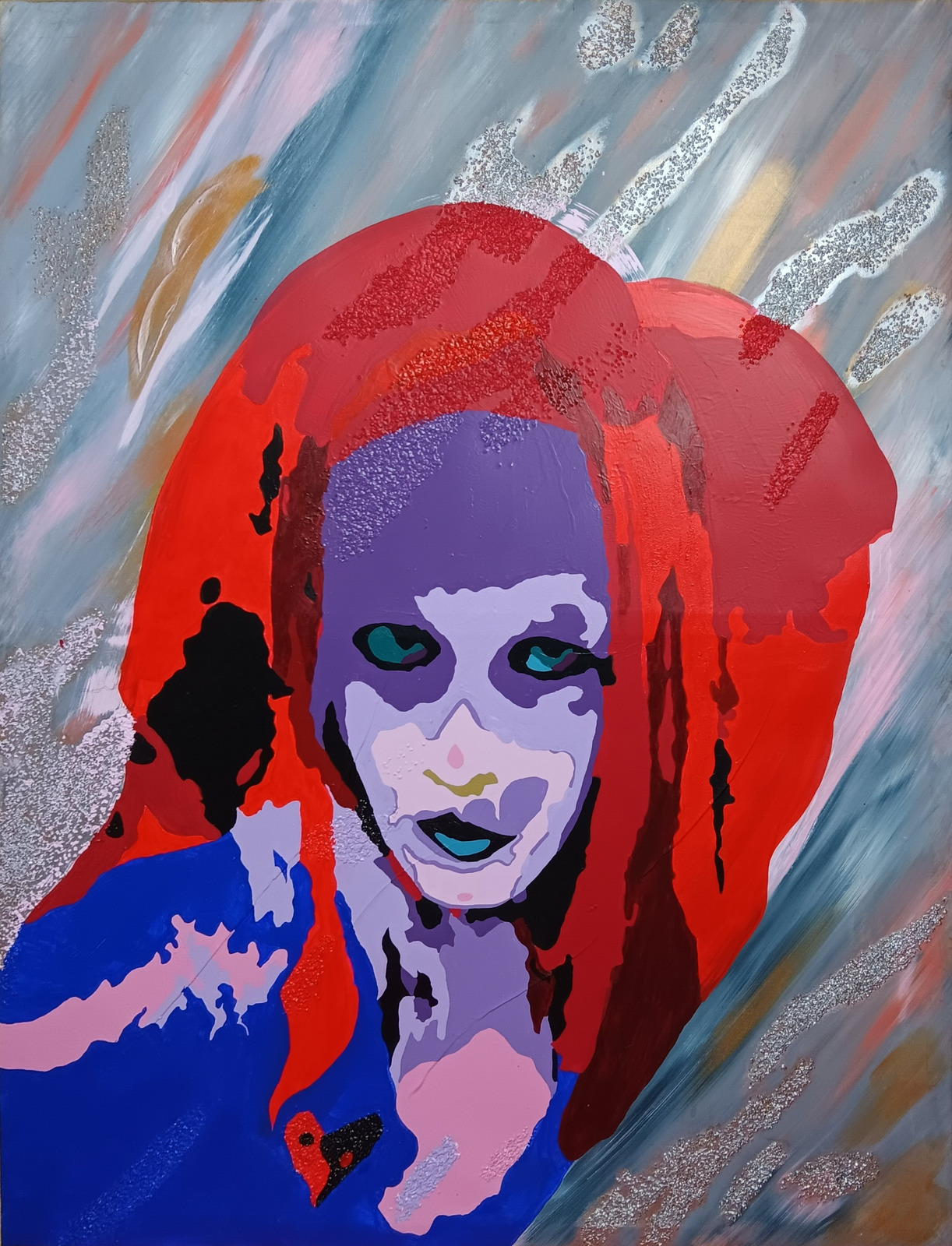 Red-haired portrait in purple and blue over diagonal marks and metallic accents