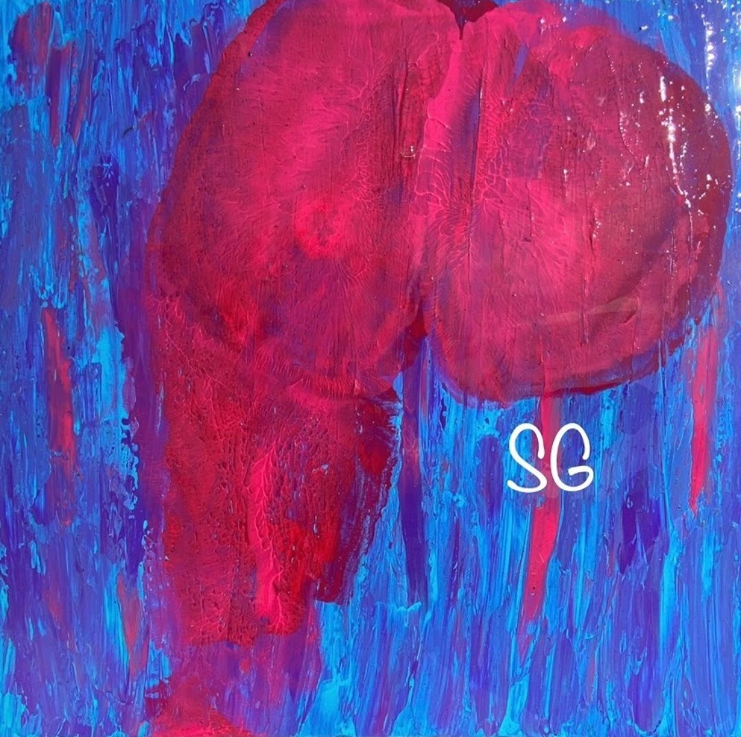 A red body impression against blue and violet painted marks