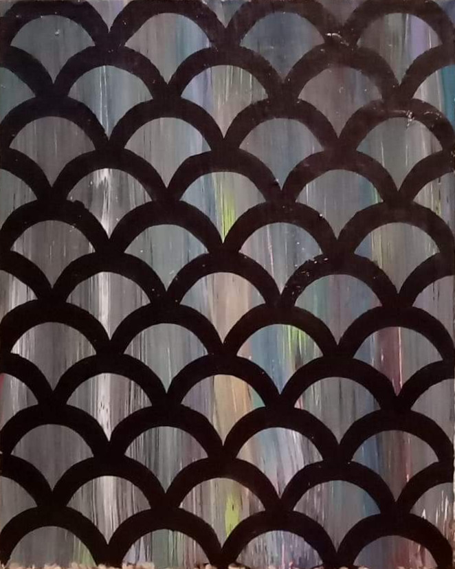 Rows of black scalloped arcs over pale vertical paint marks