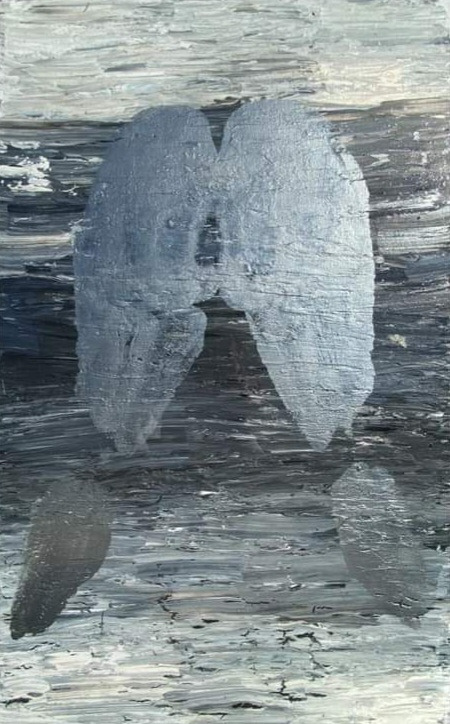 A silver body impression over black, gray and white horizontal brush marks