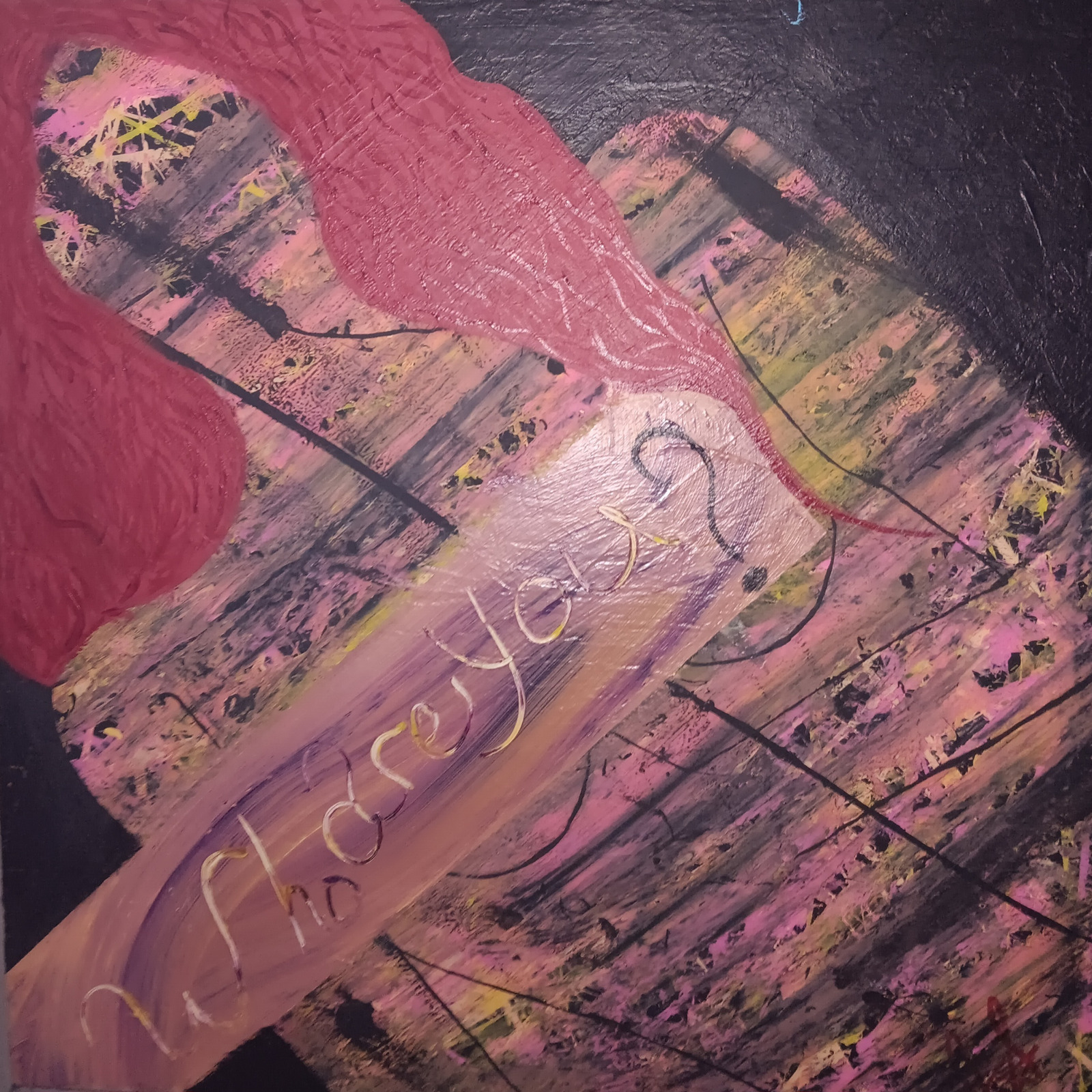 Pink, black and gold composition with hair-like shapes and a diagonal band of lettering