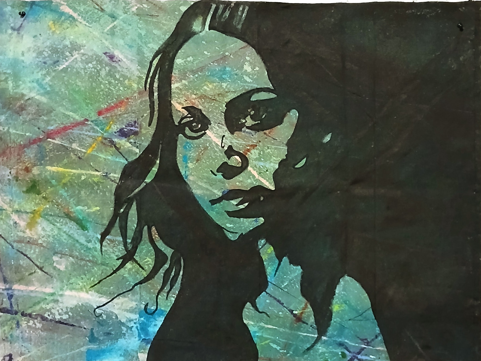 Dark-haired woman in black over a green and blue textured ground