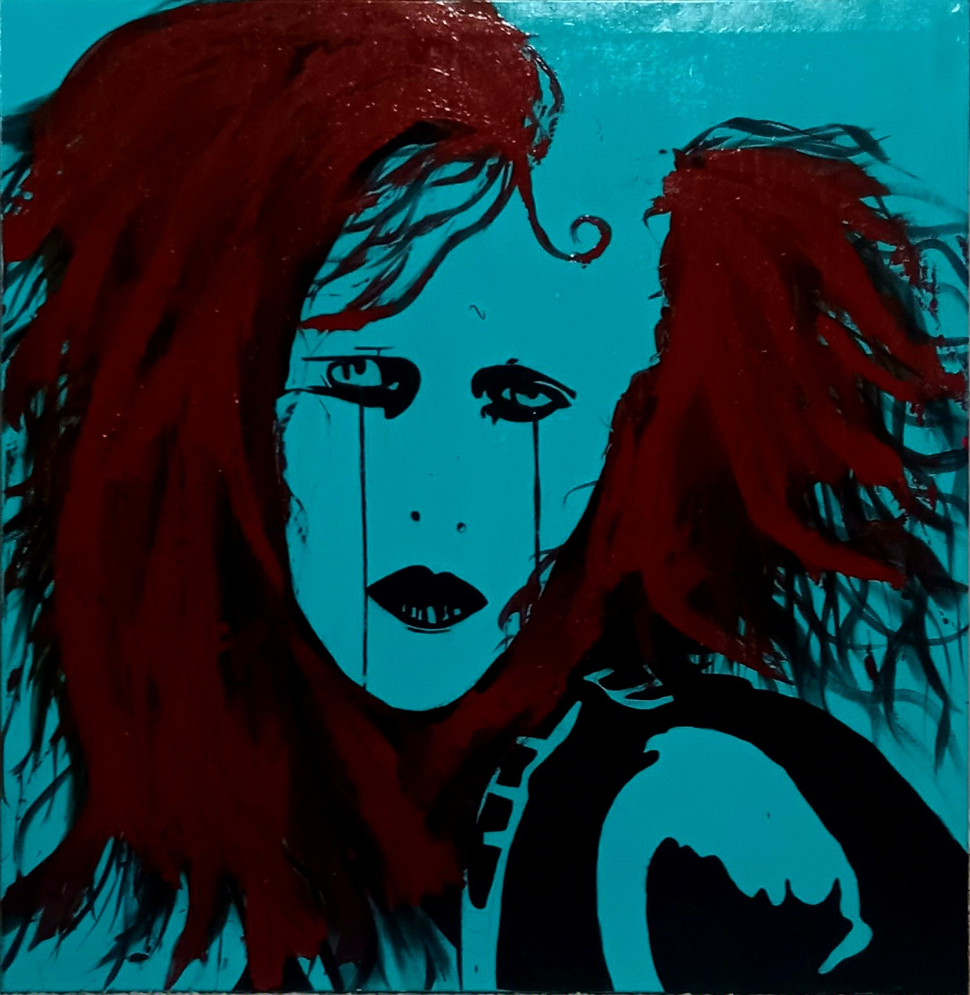 Red-haired woman outlined in black on a turquoise background