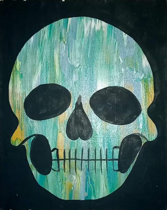 A turquoise, white and yellow skull shape over black
