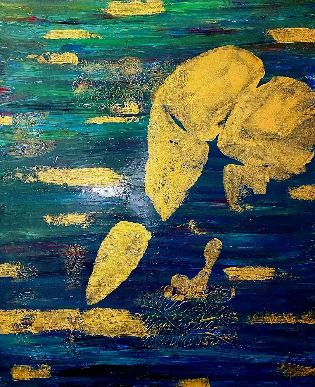 Gold body impressions on a blue and green painted ground
