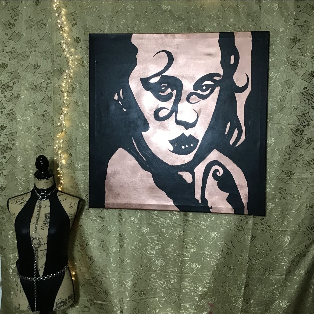 Rose and black stylized self-portrait painting