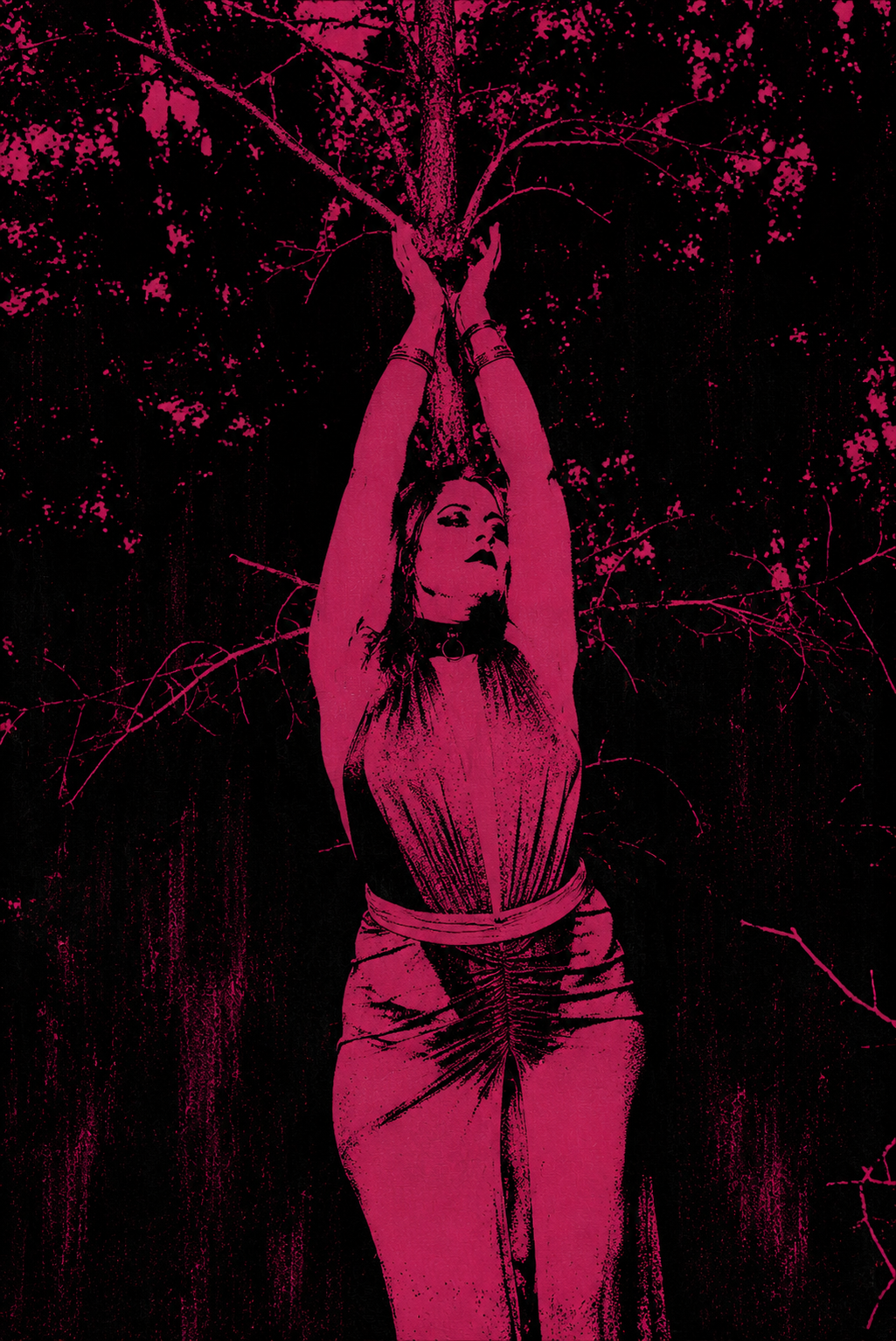 Magenta-and-black figure reaching both arms into branches