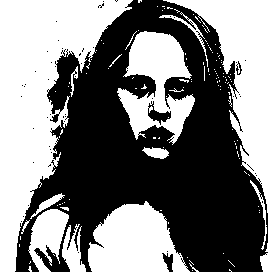 Square threshold portrait with long hair against white space