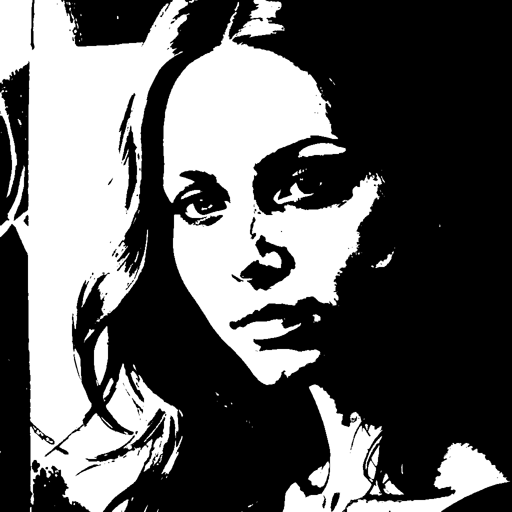 Square black-and-white portrait with a slight turn of the head and loose waves of hair