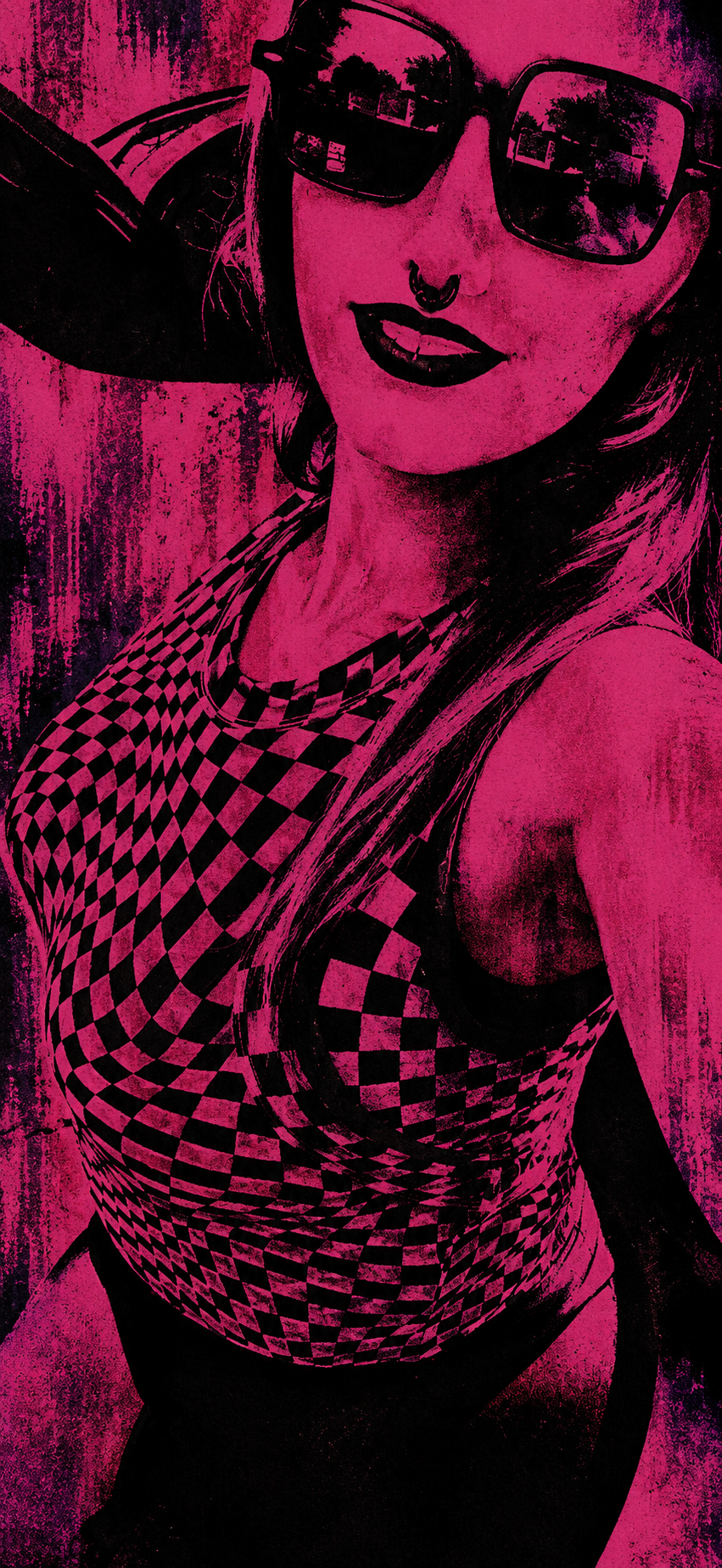 Magenta-and-black portrait of Starrgazzee in reflective sunglasses