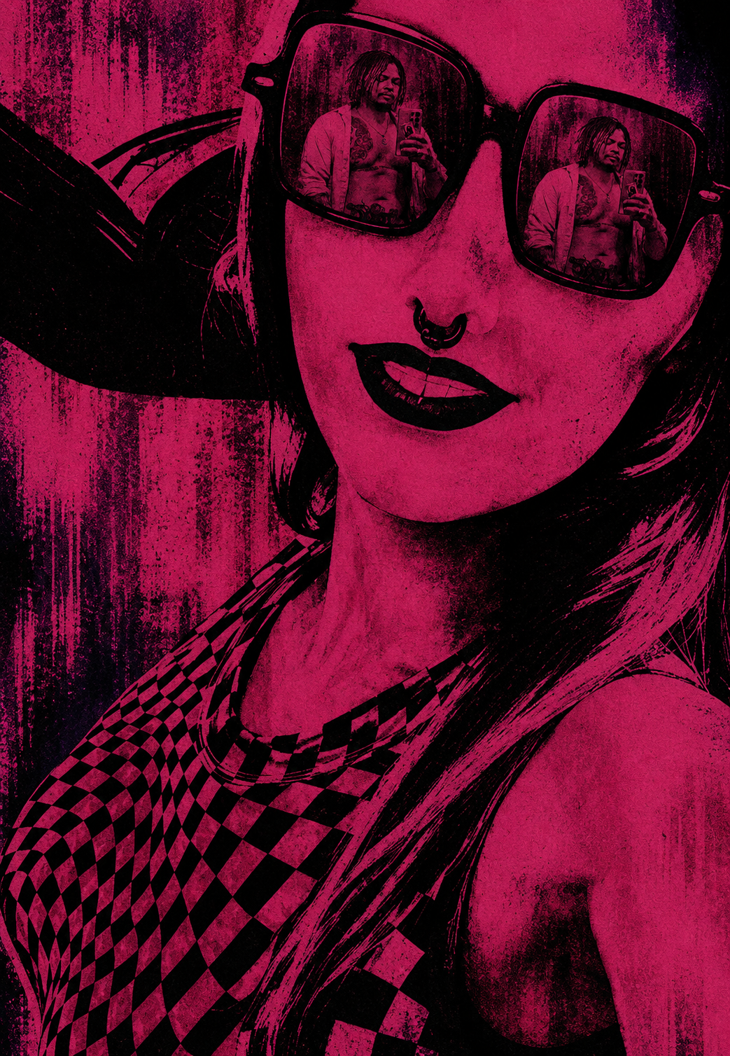 Magenta-and-black portrait with a lover reflected in the sunglasses