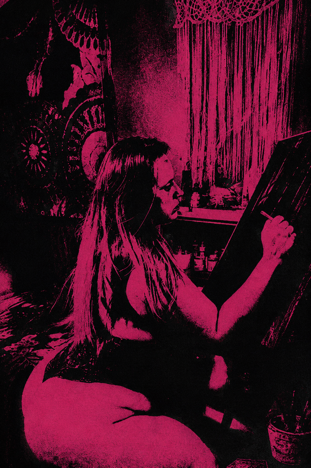 Magenta-and-black image of Starrgazzee painting at an easel