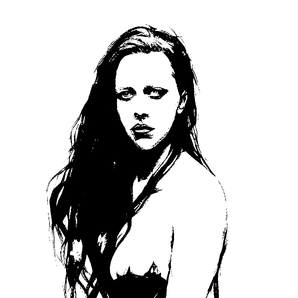 Black-and-white threshold portrait with long hair and a direct gaze