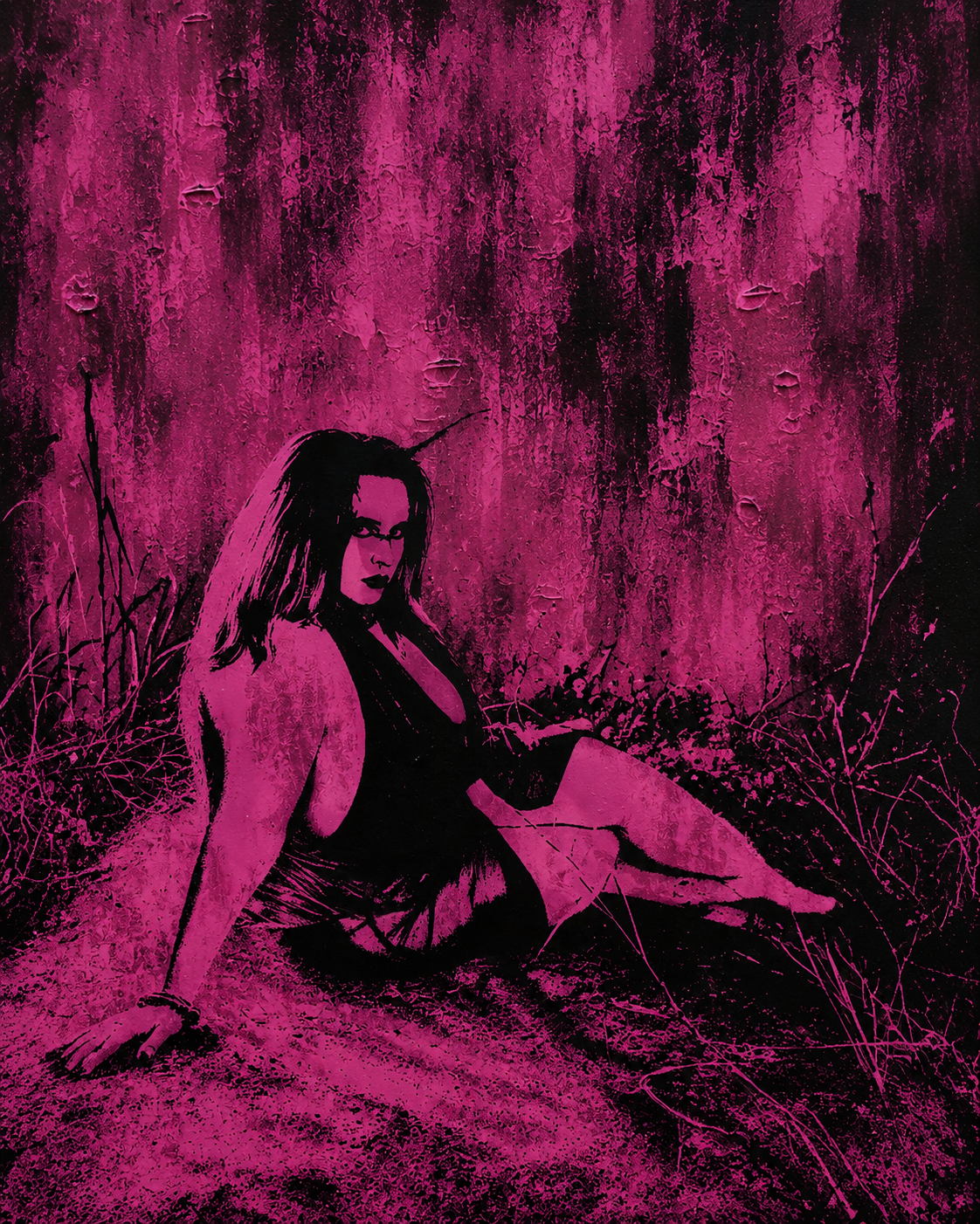 Magenta-and-black portrait of Starrgazzee seated outdoors