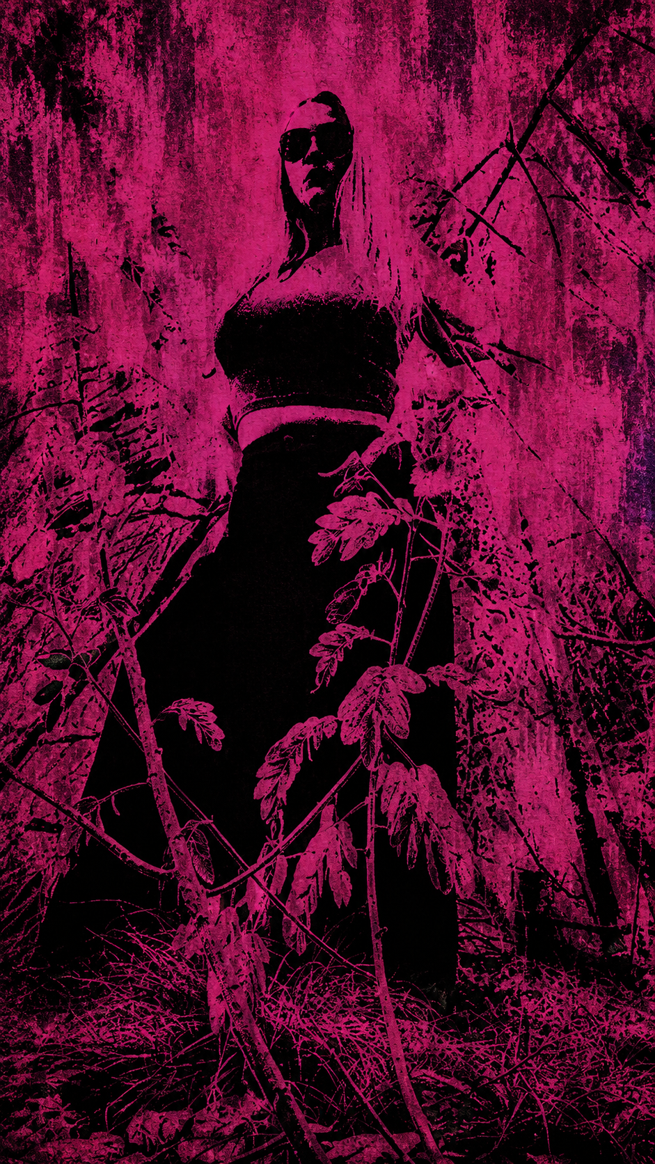 Magenta-and-black figure framed by tall wild stems